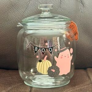 Pink Ghost with Pumpkins Spider and Boo Banner - Glass Halloween Canister Bottle